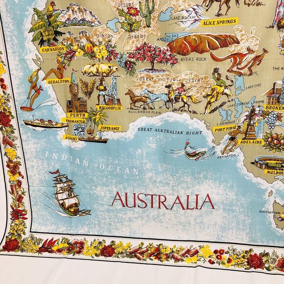 Vtg Australia Wall Hanging Linen Table Cloth Map Large 54" x 51" Kangaroo Floral - Picture 2 of 12